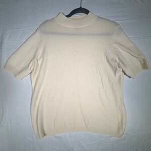 Pure Collection 100% Cashmere Mock Neck Short Sleeve Sweater Cream US 12 UK 16